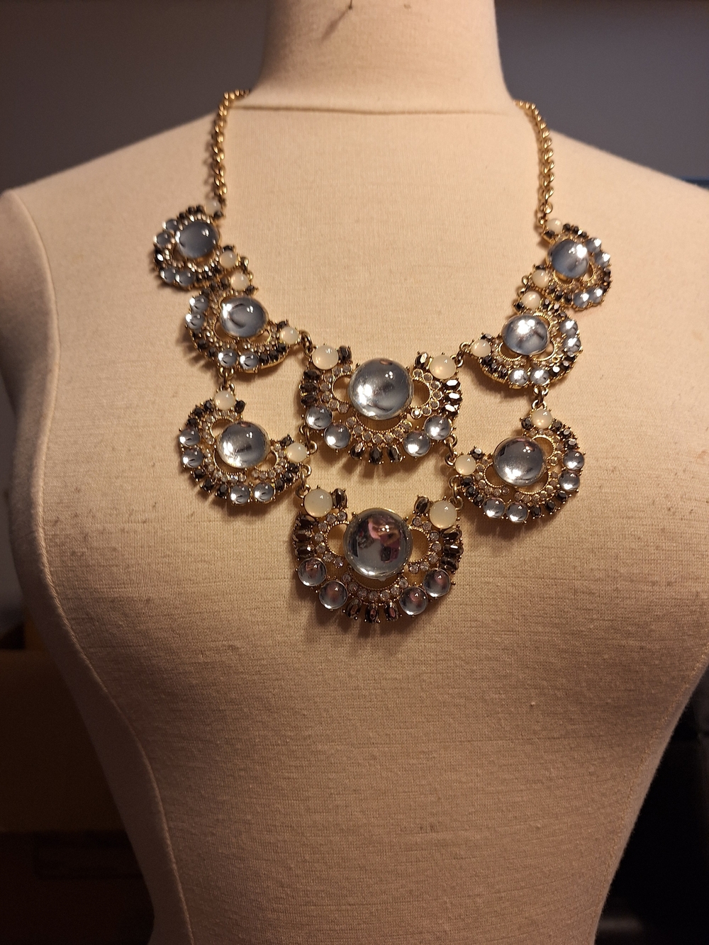 Gold Statement Necklace with Clear Cabochon Accents 22"